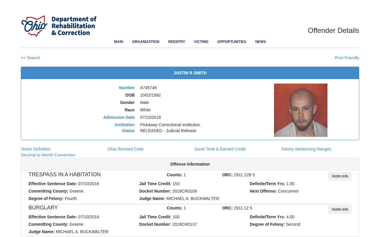 Official ODRC example reconciling a Greene County expected and actual release date