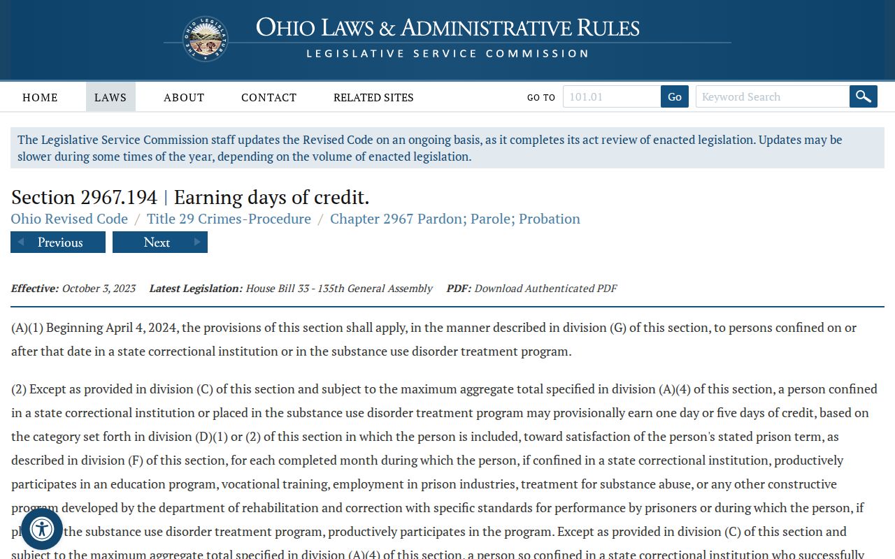 Ohio earned-credit law used in Greene County release date calculations